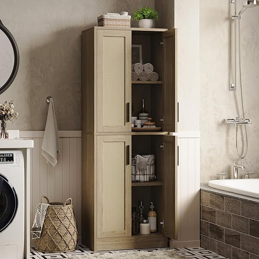 Pantry Cabinet - Tall Kitchen Pantry Storage Cabinet with 4 Rattan Doors and Adjustable Shelves, Wood Cupboard for Kitchen, Dining Room, Bathroom, Hallway, Laundry Room, Living Room