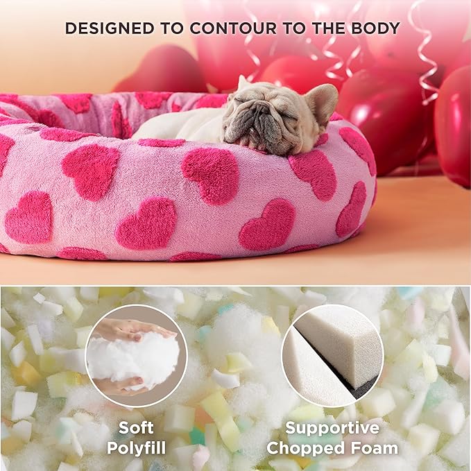 LE SURE Donut Medium Dog Bed - Round Cat Beds for Indoor Cats Anti-Anxiety Calming Pet Beds, Washable Cute Modern Beds with Teddy Sherpa Plush & Anti Slip Bottom, 30 Inch, Heart Pink