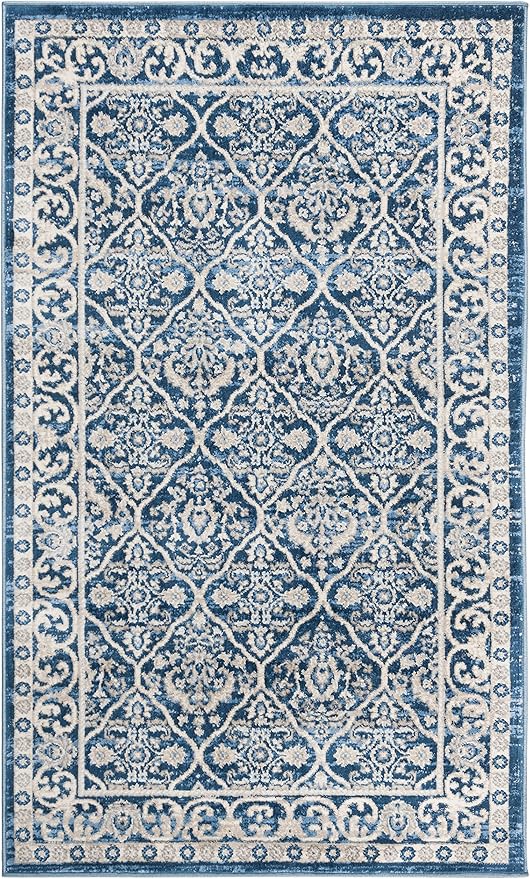 SAFAVIEH Brentwood Collection 3' x 5' Navy / Light Grey BNT870M Oriental Damask Trellis Non-Shedding Living Room Bedroom Accent Rug