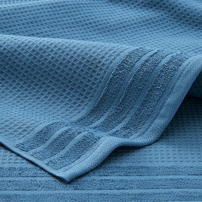 Town & Country Basics 6-Piece Assorted Waffle Woven Terry Stripe Set, 2-Bath Towels, 2-Hand Towels, 2-Washcloths, 100% Cotton, Quick Dry, Blue