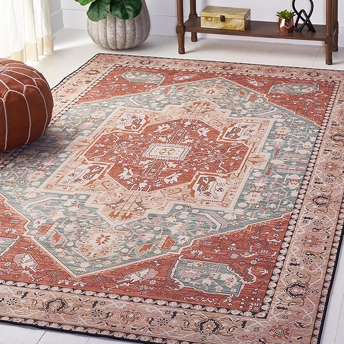 SAFAVIEH Washable Rug Tucson Collection - 5' x 8', Aqua & Rust, Slip Resistant & Easy to Clean, Ideal for Living Room, Bedroom, Dining Space (TSN150J)