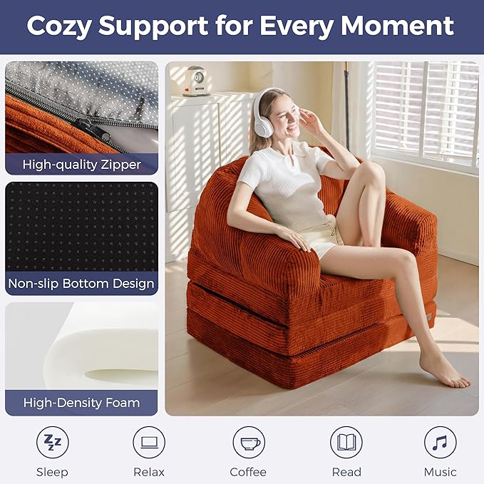 MAXYOYO Folding Sofa Bed with Backrest, Boneless Fold Out Couch Bed with Handle, 2 in 1 Convertible Bean Bag Chair to Floor Sofa Lounger, Comfy Folding Couch for Bedroom & Living Room, Orange