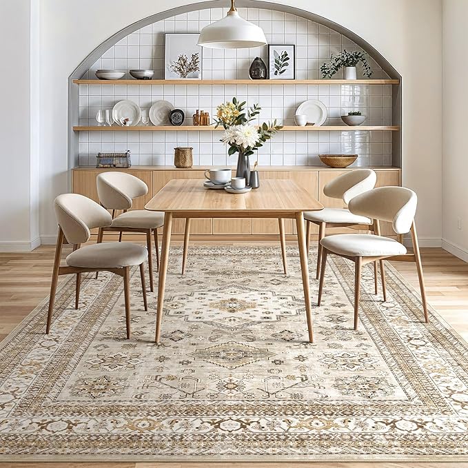 Vintage Living Room Area Rug 6x8 - Large Soft Washable Oriental Traditional Distressed Farmhouse Rugs for Bedroom - Indoor Floor Accent Carpet for Home Office House Decor - Beige