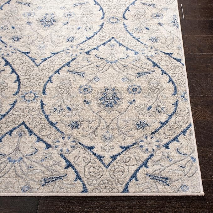 SAFAVIEH Brentwood Collection Area Rug - 6'7" Square, Light Grey & Blue, Floral Damask Ogee Trellis Design, Non-Shedding & Easy Care, Ideal for High Traffic Areas in Living Room, Bedroom (BNT860G)
