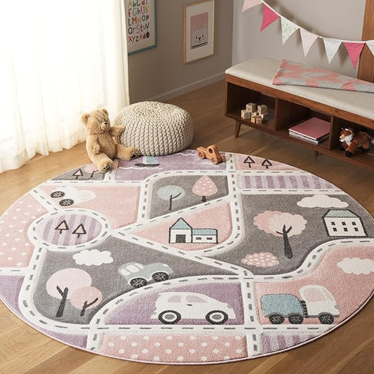 SAFAVIEH Carousel Kids Collection Area Rug - 6'7" Round, Grey & Pink, Non-Shedding & Easy Care, Ideal for High Traffic Areas for Boys & Girls in Playroom, Nursery, Bedroom (CRK193U)