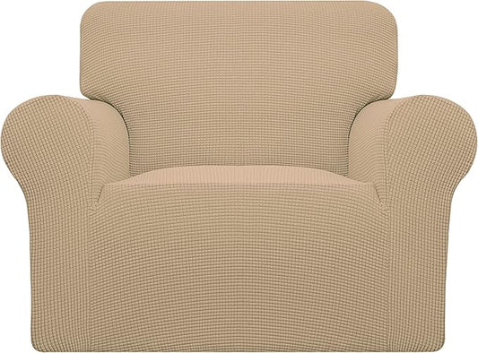 Easy-Going Stretch Chair Sofa Slipcover 1-Piece Couch Sofa Cover Furniture Protector Soft with Elastic Bottom for Kids, Pet. Spandex Jacquard Fabric Small Checks (Chair, Sand)