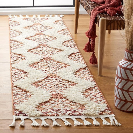 SAFAVIEH Moroccan Tassel Shag Collection Runner Rug - 2'3" x 8', Orange & Ivory, Boho Design, Non-Shedding & Easy Care, 2-inch Thick Ideal for High Traffic Areas in Living Room, Bedroom (MTS652P)