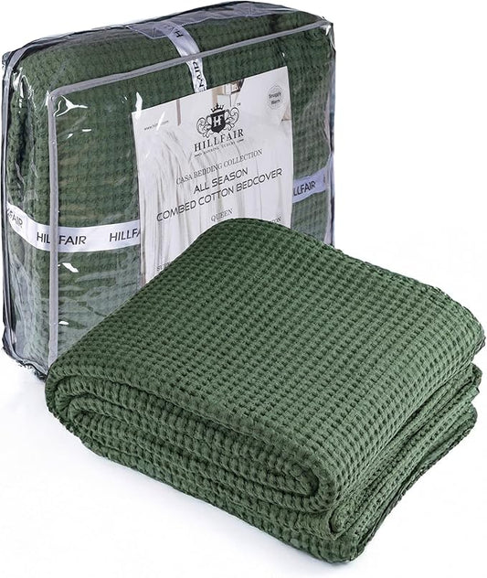 HILLFAIR 100% Combed Cotton Blanket– King Size Bed Blankets– Warm Soft All Season Breathable Lightweight Summer Blankets– Waffle Weave Home Decor Bed Blanket: Olive