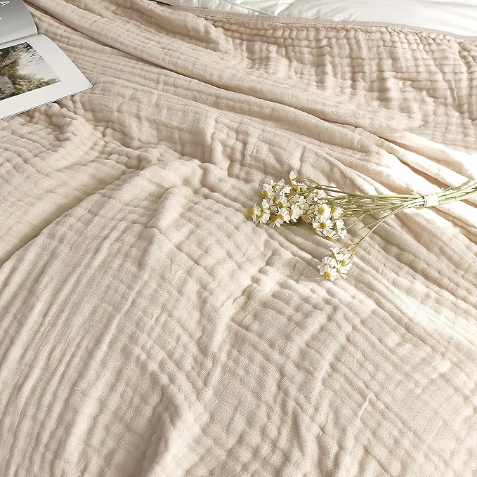 SANACYNA Queen Size Muslin Blankets for Adults 100% Cotton 6-Layer Gauze Light Tan Cooling Throw Blanket Lightweight Soft Breathable Blanket for Sofa Coverlet Both Sides (Light Tan, Queen 90" X 90")