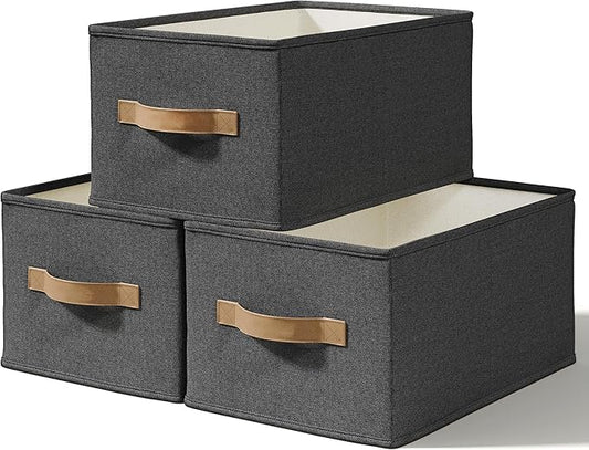 3 Pack Fabric Storage Bins for Shelves | 14¾" L*10¼" W*8¼" H Closet Storage Bins | Collapsible Closet Organizers for Clothes | Linen Clothes Bins | Black