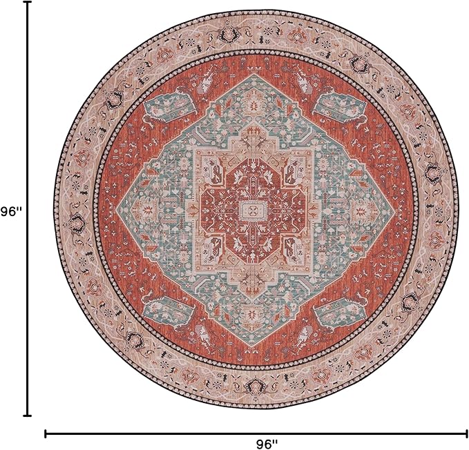 SAFAVIEH Washable Rug Tucson Collection - 8' Round, Aqua & Rust, Slip Resistant & Easy to Clean, Ideal for Living Room, Bedroom, Dining Space (TSN150J)