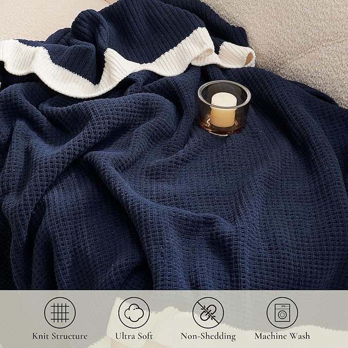 Amélie Home Chenille Throw Blanket, Soft Cozy Waffle Throw for Couch & Sofa, Warm Yet Lightweight, Breathable All-Season Throws for Women Men, Housewarming, Birthdays, 50"x60", Blue