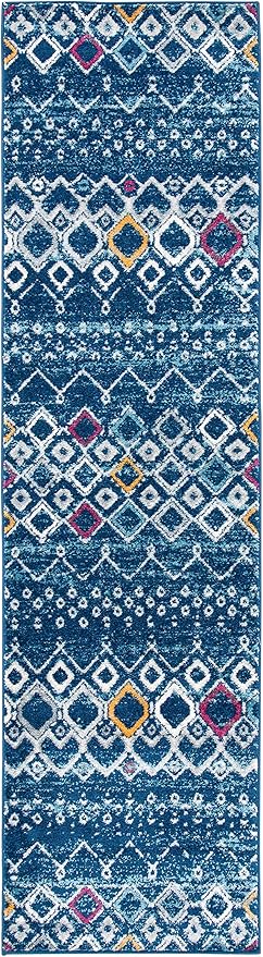 SAFAVIEH Amsterdam Collection Runner Rug - 2'3" x 6', Navy & Turquoise, Moroccan Boho Design, Non-Shedding & Easy Care, Ideal for High Traffic Areas in Living Room, Bedroom (AMS108M)