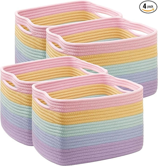 Rainbow Rope Basket for Storage 4 Pack Baskets for Shelves Woven Toy Storage Bins for Nursery Kids in Classroom 12.7"Lx9"Wx7.9"H Pastel Rainbow