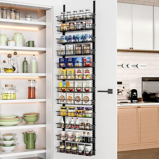Churboro Over the Door Pantry Organizer Rack with 12 Adjustable Baskets, 12 Tiers Dual-use Spice Rack- Hanging or Wall Mount Spice Rack, Pantry Door Organizer, Black