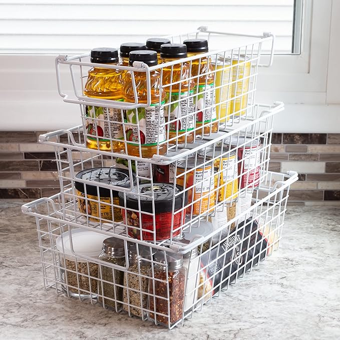 Home-Complete 16" Large Stackable Wire Baskets, 3-Size Set Organizer Stacking Storage Bins for Shelf, Pantry, Kitchen, Cabinets, can Also be Used in Chest Freezers (White)