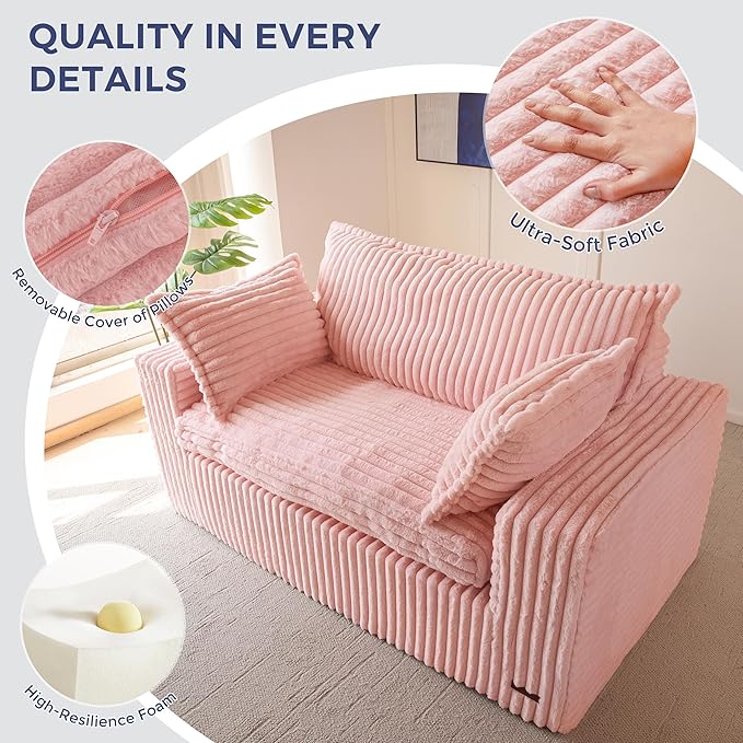MAXYOYO 59" Bean Bag Sofa Couch, Loveseat Boneless Couch in a Box, Upholstered Small Mini Sofa with Deep Seating for Living Room Bedroom Office Apartment, No Assembly, Pink