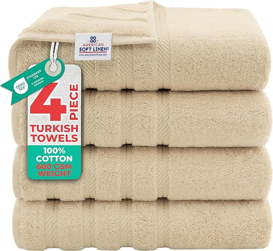 American Soft Linen Luxury 4 Piece Bath Towel Set, 600 GSM 100% Cotton Turkish Bath Towels for Bathroom, 27x54 in Extra Large Bathroom Shower Towels, Beige