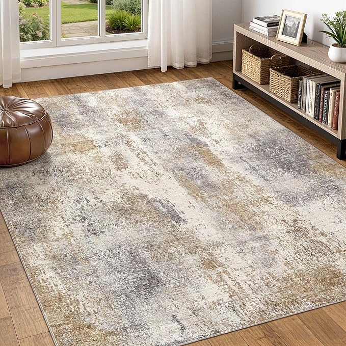 Area Rug Living Room Rugs - 5x8 Washable Large Soft Indoor Neutral Modern Abstract Low Pile Rug Carpet for Bedroom Dining Room Farmhouse Home Office - Brown Grey