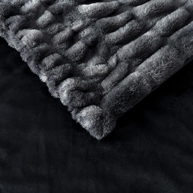 WDCOZY Ruched Faux Fur Throw Blanket Soft Cozy Fluffy Luxurious Blankets Couch Bed Sofa Chair Home Decor Warm Furry Fall Winter Plush Rabbit Fur Bubble Blanket 60" x 80", Charcoal Gray Dark Grey