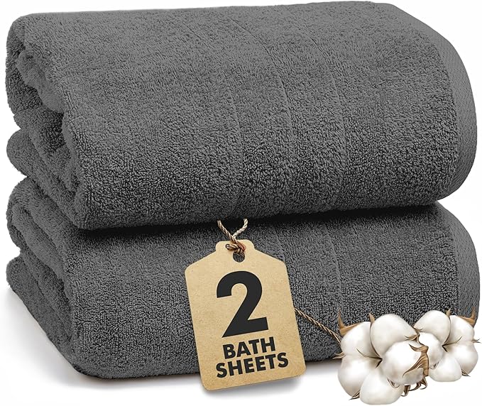 Bath Sheets – Extra Large Bathroom Sheet Set – Pack of 2 Jumbo Towels Dark Grey (71x35in) – 100% Cotton Soft Quick Dry Large Bath Towels for Adults Hotel Spa Bathroom Use