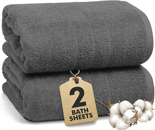 Bath Sheets – Extra Large Bathroom Sheet Set – Pack of 2 Jumbo Towels Dark Grey (71x35in) – 100% Cotton Soft Quick Dry Large Bath Towels for Adults Hotel Spa Bathroom Use