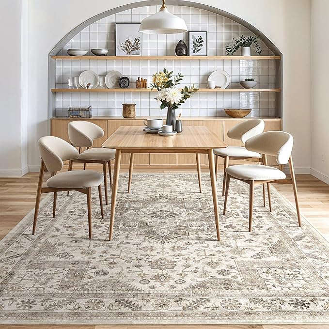 Vintage Living Room Area Rug 9X13 - Large Soft Washable Oriental Traditional Distressed Farmhouse Rugs for Bedroom - Indoor Floor Accent Carpet for Home Office House Decor - Light Brown
