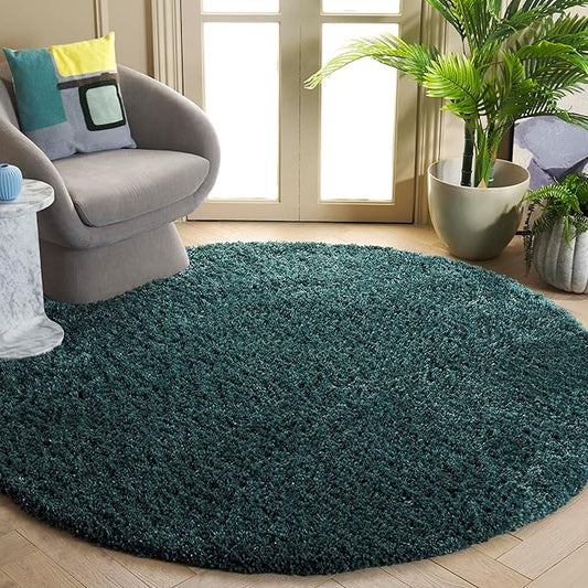 SAFAVIEH Fontana Shag 800 Collection Round Rug - 6'7" Round, Dark Green, Shag & Flokati Design, Ideal for High Traffic Areas in Living Room, Bedroom & Dining Room (FNT800Y-7R)