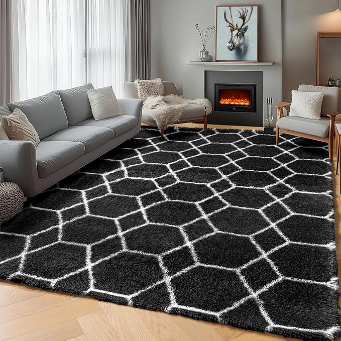 ONASAR 5x7 Area Rugs for Living Room Bedroom, Fluffy Black and White Rug, Geometric Boho Soft Plush Shaggy Floor Carpet Mat for Nursery Kids Girls Boys Teen Dorm Home Decor Aesthetic