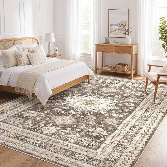 Vintage Living Room Area Rug 6x8 - Large Soft Washable Oriental Traditional Distressed Farmhouse Rugs for Bedroom - Indoor Floor Accent Carpet for Home Office House Decor - Dark Brown