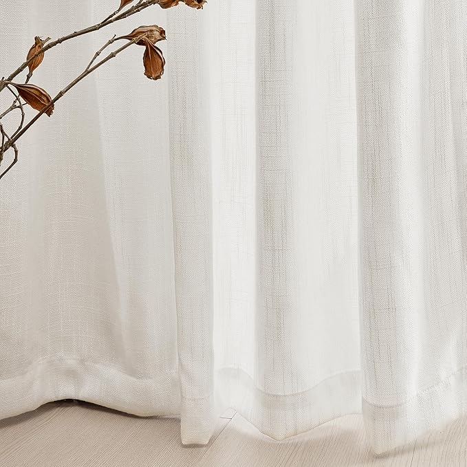 MYSKY HOME Extra Long Curtains for Living Room, Soft Cotton Fabric Boho Window Curtain Drapes Light Filtering Semi Sheer Backdrop Panels, Beige White, 50 x 102 Inches, 2 Pieces