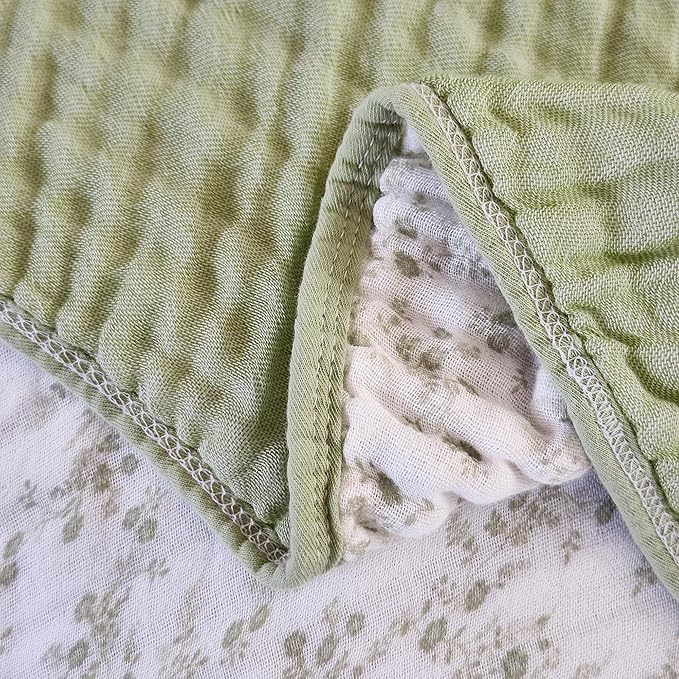 Muslin Blankets 100% Cotton 6-Layer Gauze Floral Pattern Throw Blanket Lightweight Soft and Breathable Queen Bed Blanket for Sofa Couch Bed Coverlet Both Sides (Floral Green-a, Queen 90" X 90")