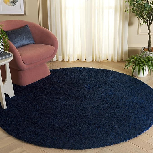 SAFAVIEH Lindsay Shag Collection Round Rug - 6'7" Round, Navy, Contemporary Design, Ideal for High Traffic Areas in Living Room, Bedroom & Dining Room (LNS560N-7R)