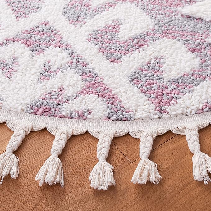 SAFAVIEH Moroccan Tassel Shag Collection Area Rug - 6'7" Round, Pink & Ivory, Boho Rustic Trellis, Non-Shedding & Easy Care, 2-inch Thick Ideal for High Traffic Areas in Living Room, Bedroom (MTS652U)