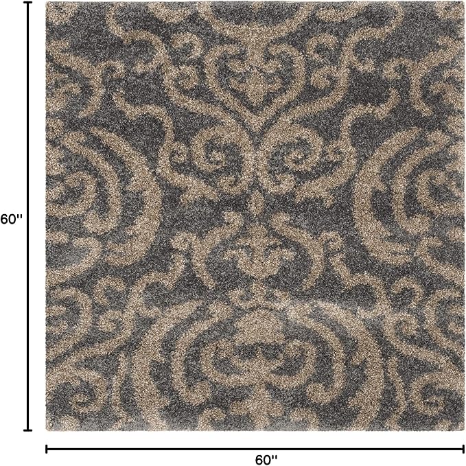 SAFAVIEH Florida Shag Collection Area Rug - 5' Square, Grey & Beige, Damask Design, Non-Shedding & Easy Care, 1.2-inch Thick Ideal for High Traffic Areas in Living Room, Bedroom (SG462-8013)