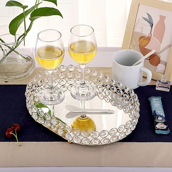 Hipiwe Mirrored Crystal Vanity Makeup Tray, Gold Ornate Jewelry Trinket Decorative Tray Cosmetic Perfume Display Organizer Tray,Home Decor Tray for Dresser/Bathroom, 11.8" x 8"