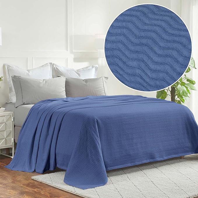 Superior JENA Cotton Blanket Picnic, Beach, Traveling or Camping, Bedroom Decor, Essentials, Cover for Bed, Couch, Lounging, Textured Jacquard, Modern Chevron Woven Blanket, Full/Queen, Merritt Blue