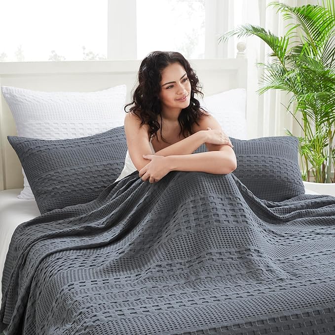 VHC Brands 100% Cotton Waffle Weave Queen Blanket 90"x90", Decorative Lightweight Spring and Summer Throw Blanket, Bedroom Decor for Bed, Couch, or Sofa, Dark Grey