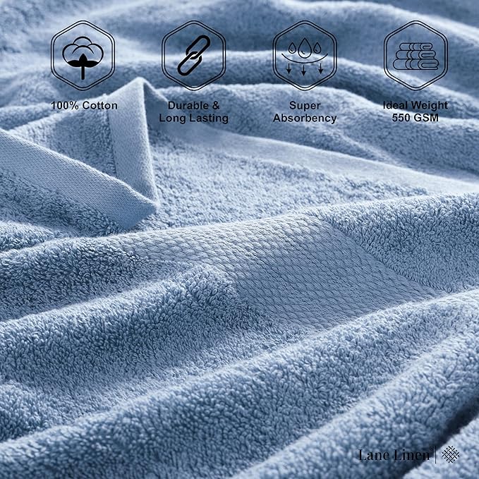 LANE LINEN 100% Cotton Bathroom Towels - 18 Piece Set - Super Soft, Quick Dry & Absorbent - 4 Bath, 8 Washcloths, 6 Hand Towels for Bathroom - Hotel Quality & Suitable for Family - Cerulean Blue