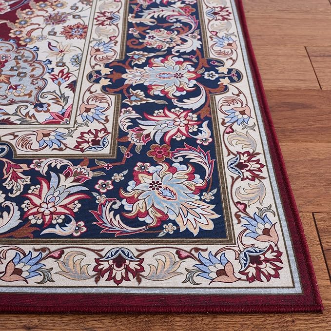 SAFAVIEH Washable Rug Tucson Collection - 2'6" x 12' Runner, Red & Navy, Slip Resistant & Easy to Clean, Ideal for Living Room, Bedroom, Dining Space (TSN135Q)