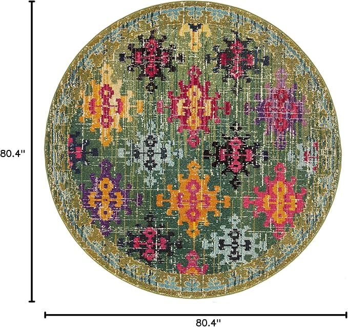 SAFAVIEH Monaco Collection Area Rug - 6'7" Round, Green & Multi, Boho Diamond Trellis Design, Non-Shedding & Easy Care, Ideal for High Traffic Areas in Living Room, Bedroom (MNC244G)