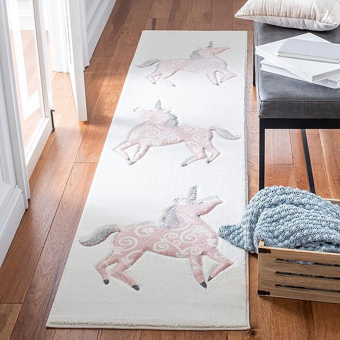 SAFAVIEH Carousel Kids Collection Runner Rug - 2' x 8', Ivory & Pink, Non-Shedding & Easy Care, Ideal for High Traffic Areas for Boys & Girls in Playroom, Nursery, Bedroom (CRK163A)