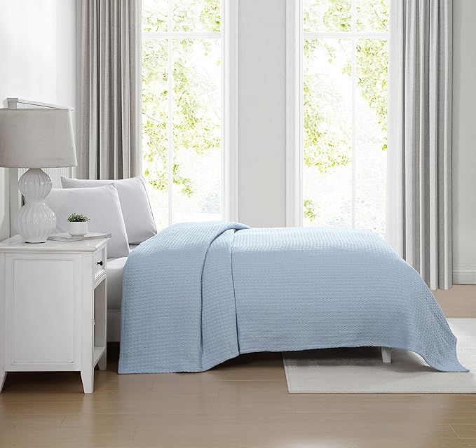 Beatrice Home Fashions Grand Hotel Lightweight All-Natural 100% Cotton Waffle Weave Blanket, Twin, Pearl Blue