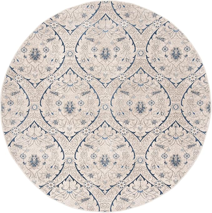 SAFAVIEH Brentwood Collection Area Rug - 6'7" Round, Light Grey & Blue, Floral Damask Ogee Trellis Design, Non-Shedding & Easy Care, Ideal for High Traffic Areas in Living Room, Bedroom (BNT860G)