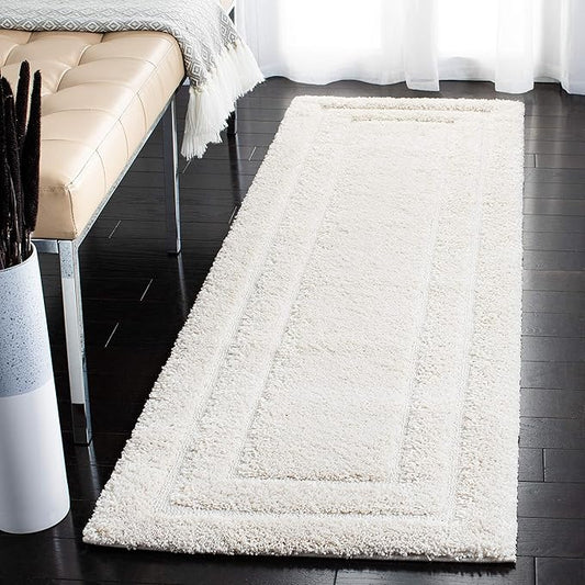 SAFAVIEH Florida Shag Collection Runner Rug - 2'3" x 7', Creme & Creme, Border Design, Non-Shedding & Easy Care, 1.2-inch Thick Ideal for High Traffic Areas in Living Room, Bedroom (SG454-1111)