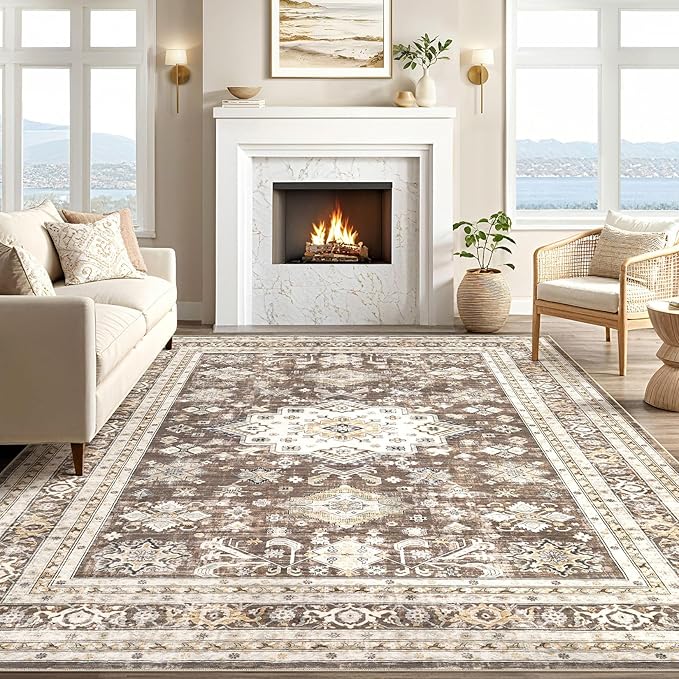 Vintage Living Room Area Rug 7x9 - Large Soft Washable Oriental Traditional Distressed Farmhouse Rugs for Bedroom - Indoor Floor Accent Carpet for Home Office House Decor - Dark Brown