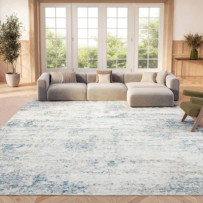 SAFAVIEH Amelia Collection Area Rug - 8' x 10', Ivory & Blue, Modern Abstract Design, Non-Shedding & Easy Care, Ideal for High Traffic Areas in Living Room, Bedroom (ALA700A)
