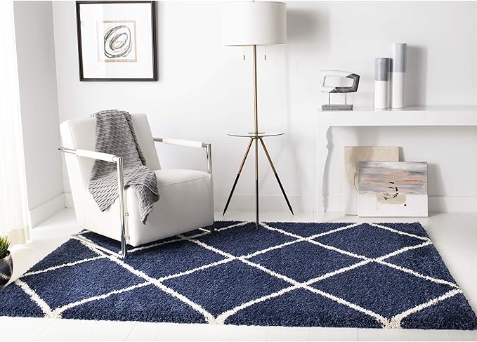 SAFAVIEH Hudson Shag Collection X-Large Area Rug - 11' x 15', Navy & Ivory, Modern Trellis Design, Non-Shedding & Easy Care, 2-inch Thick Ideal for High Traffic Areas in Living Room, Bedroom (SGH281C)