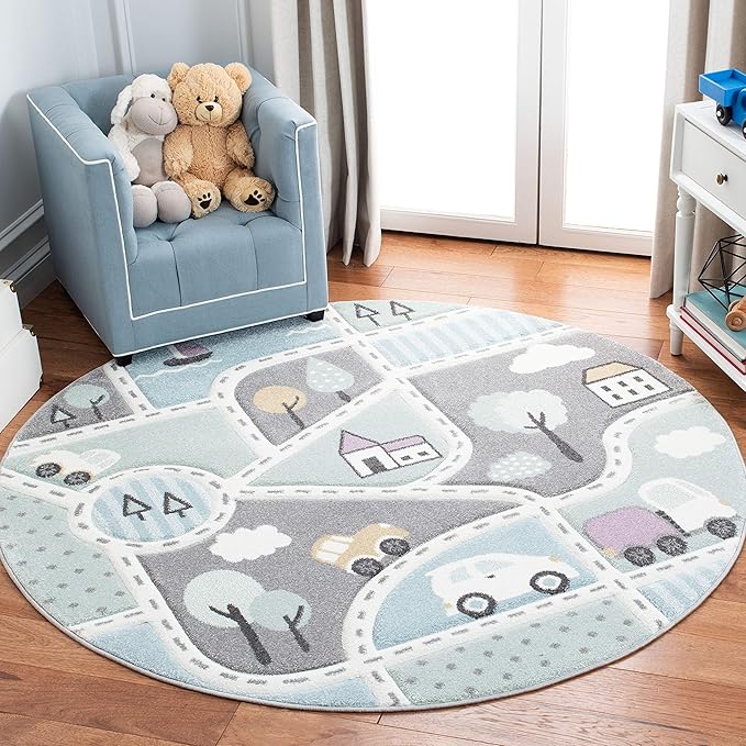 SAFAVIEH Carousel Kids Collection 4' Round Grey/Light Blue CRK193F Neighborhood Non-Shedding Nursery Playroom Area Rug