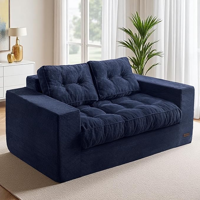 MAXYOYO Loveseat Sofa Couch, Upholstered Bean Bag Chair Cloud 2-Seat for Adults, Boneless Couch with Tufted Cushion & Pillows, Sofa in A Box, No Assembly Required, Navy